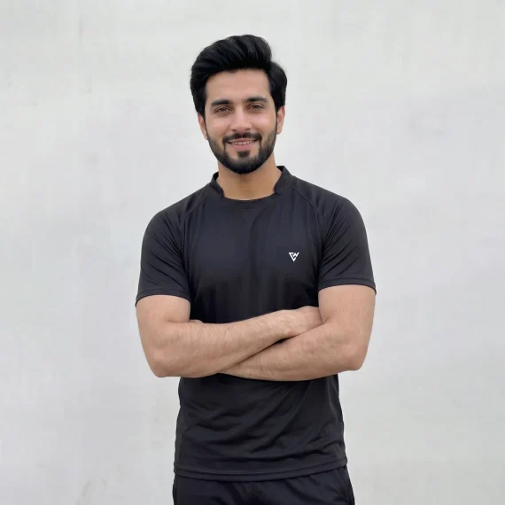 Men's black performance co-ord set front view with athletic t-shirt and trousers