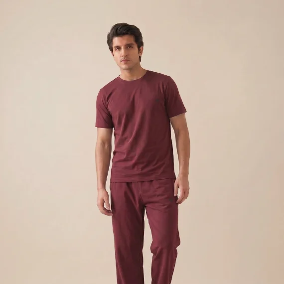 Man wearing a maroon coordinated lounge wear set for everyday comfort