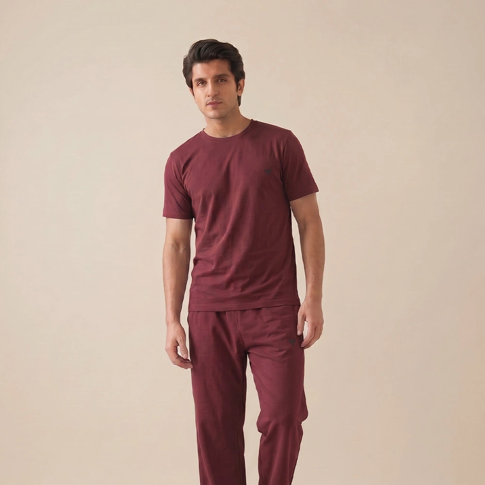Man wearing a maroon coordinated lounge wear set for everyday comfort