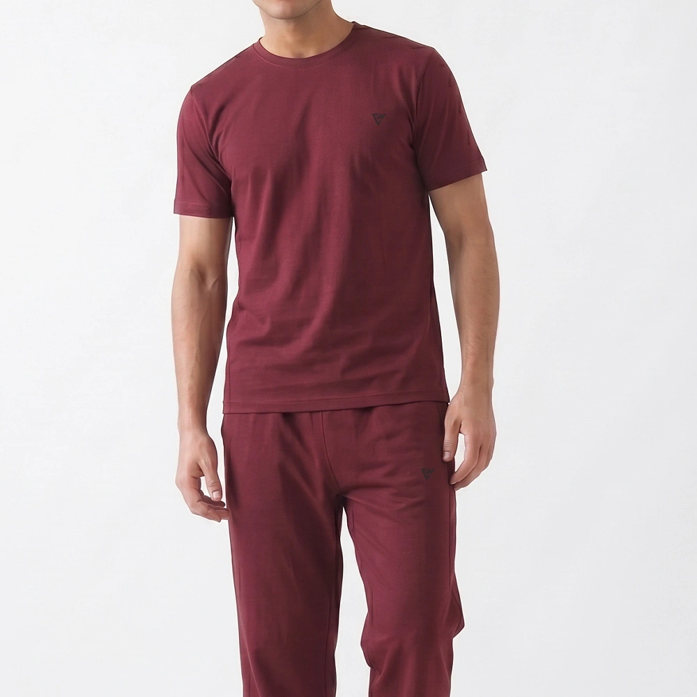 Men's maroon lounge set featuring crew neck t shirt and matching trousers front view