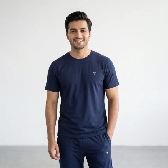 Men's navy blue matching t-shirt and trouser set front view