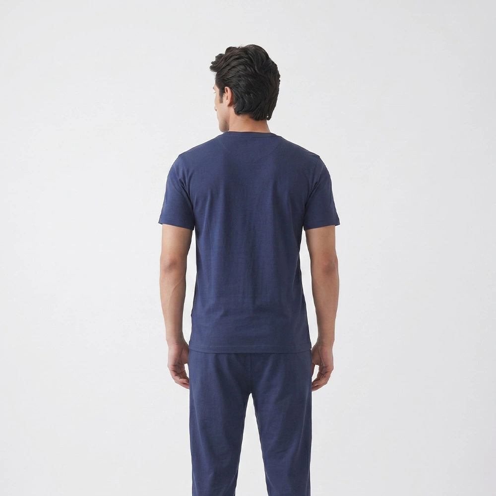 Men's navy blue casual coord set back view with relaxed fit trousers