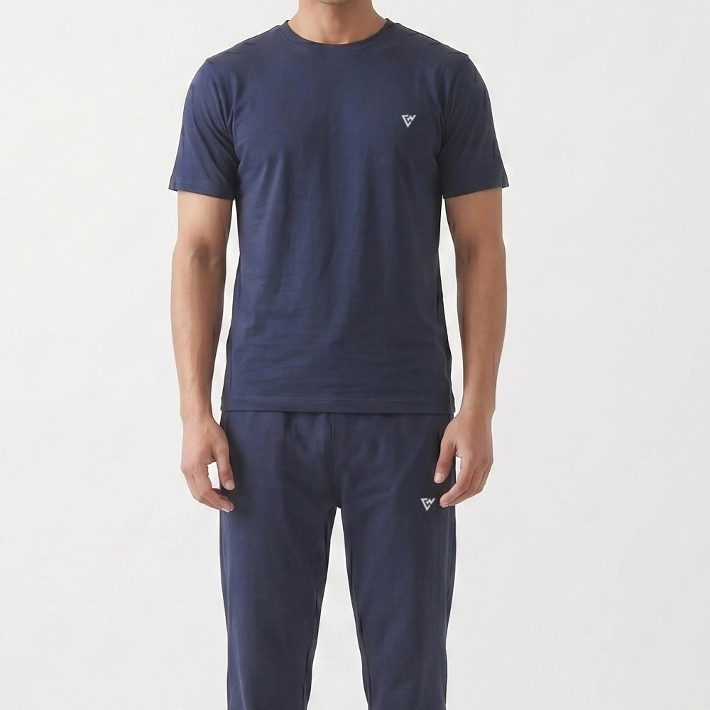 Men's navy blue lounge set with crew neck t shirt and matching trousers front view