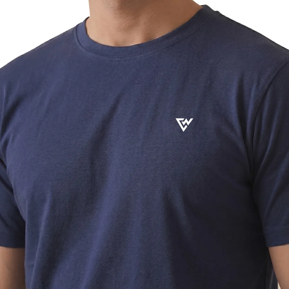 Closeup of men's navy blue t shirt fabric and logo detail