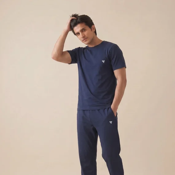 Man wearing a navy blue summer coord set for casual everyday wear