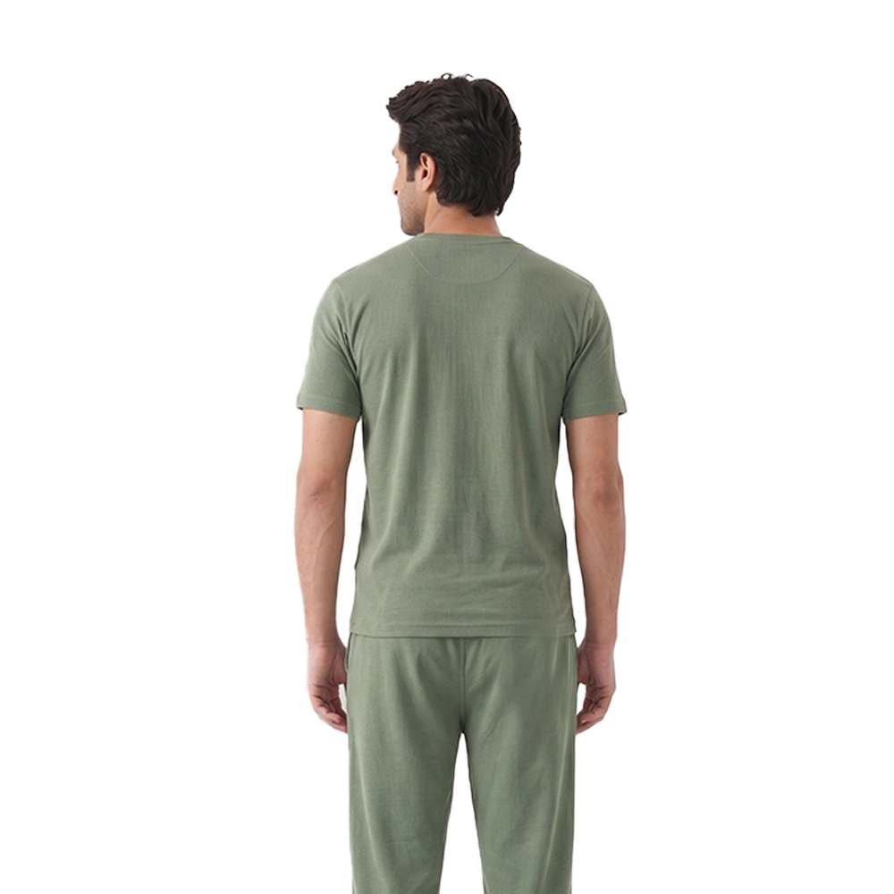 Men's sage green casual coord set back view with relaxed fit trousers