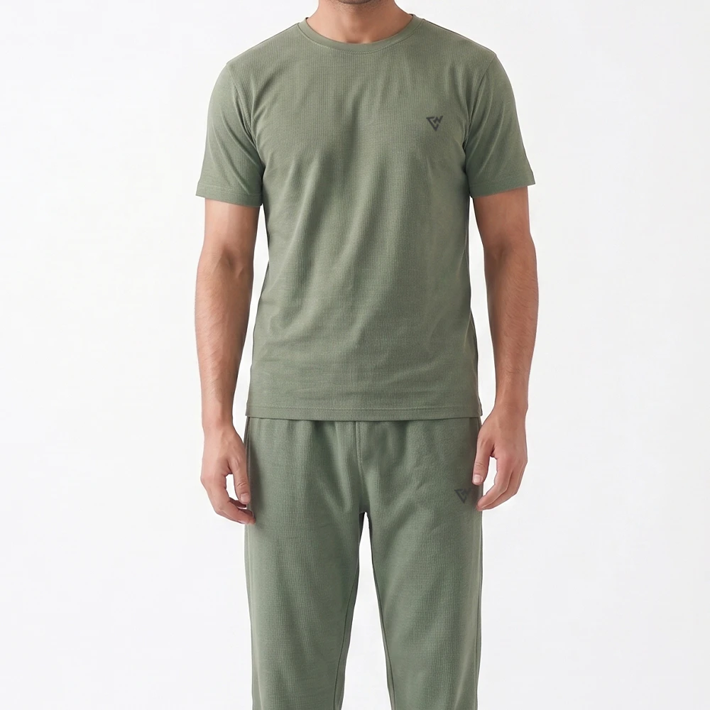 Men's sage green lounge wear set with crew neck t shirt and matching trousers front view