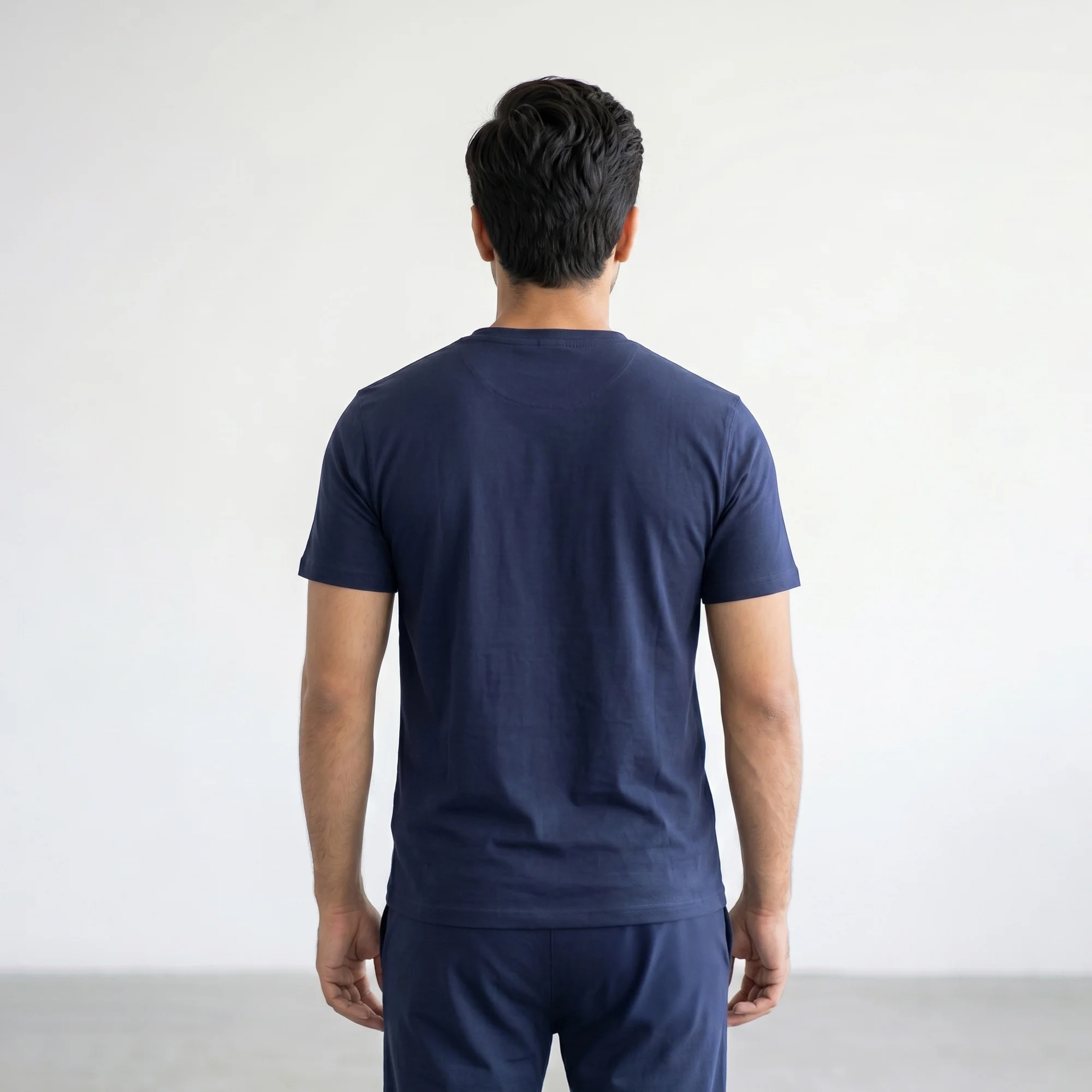 Back view of men's navy blue casual coord set