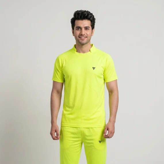 Men's neon yellow casual co-ord set front view with matching t-shirt and trousers