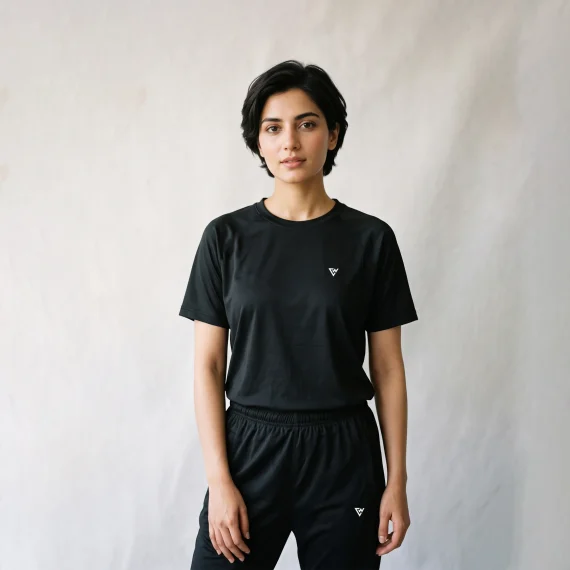 Women's black casual co-ord set front view with matching t-shirt and trousers