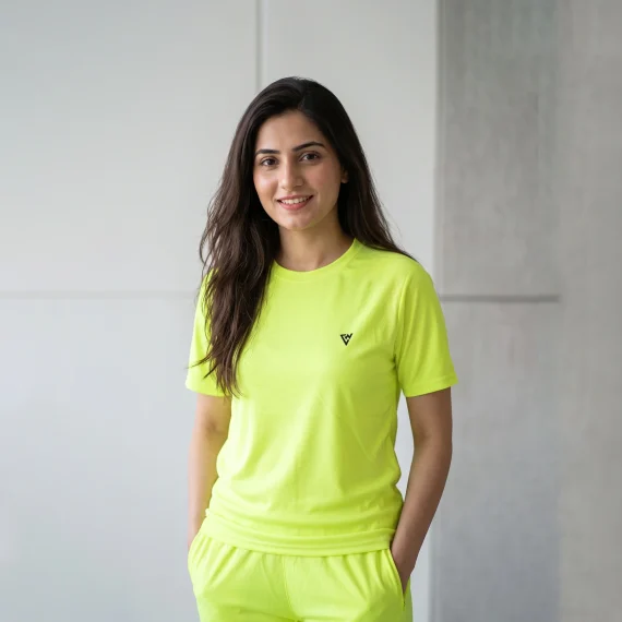 Women's neon yellow casual co-ord set front view with matching t-shirt and trousers