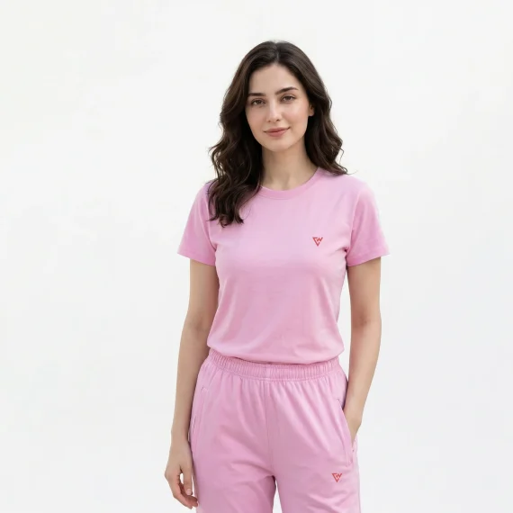 Women's pastel pink t-shirt and trouser coord set front view